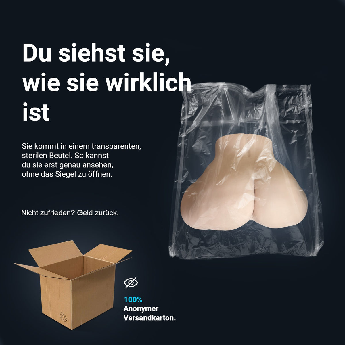 Infografik zum Versand von Jessica: geliefert in einem durchsichtigen, sterilen Beutel und einem anonymen Versandkarton