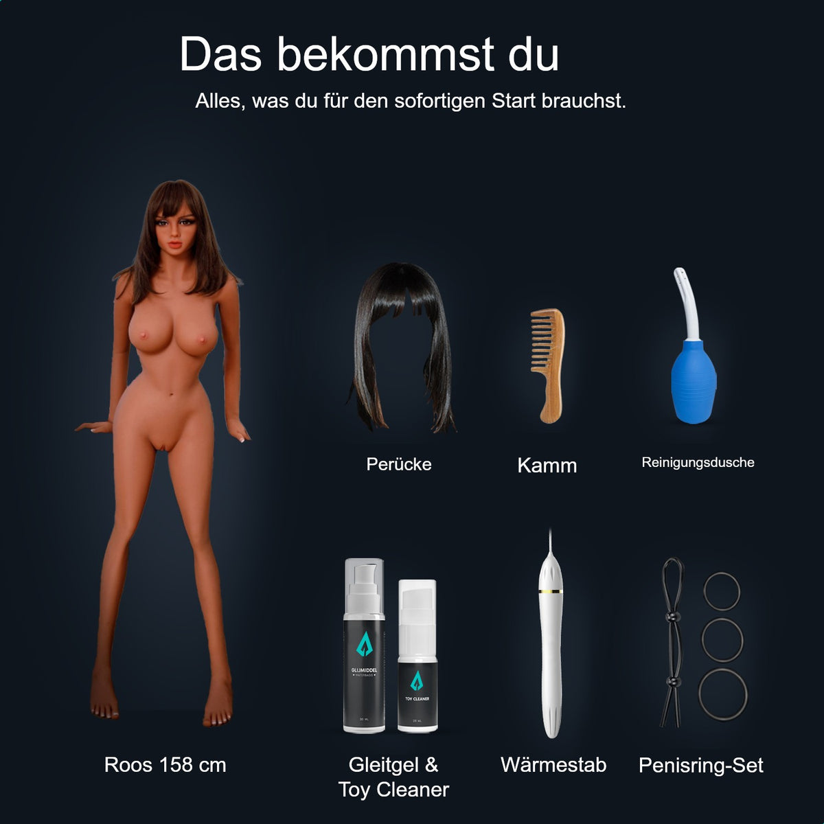Lieferumfang Sexpuppe Roos 158 cm: Puppe, Perücke, Kamm, Reinigungsdusche, Gleitgel, Toy Cleaner, Wärmestab und Penisring-Set