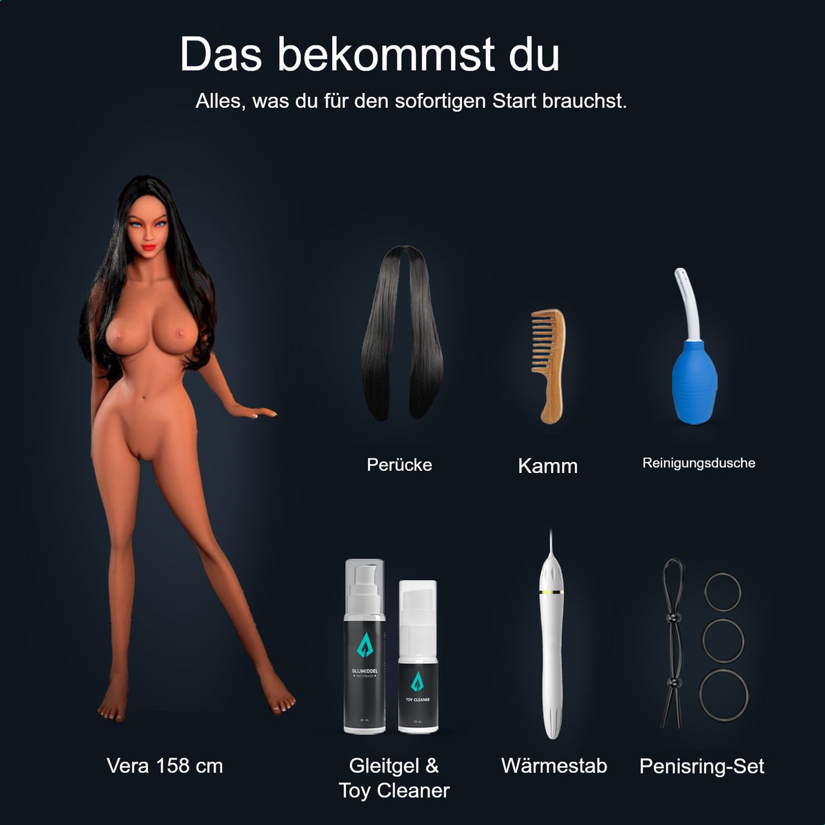 Lieferumfang Sexpuppe Vera 158 cm: Puppe, Perücke, Kamm, Reinigungsdusche, Gleitgel, Toy Cleaner, Wärmestab und Penisring-Set